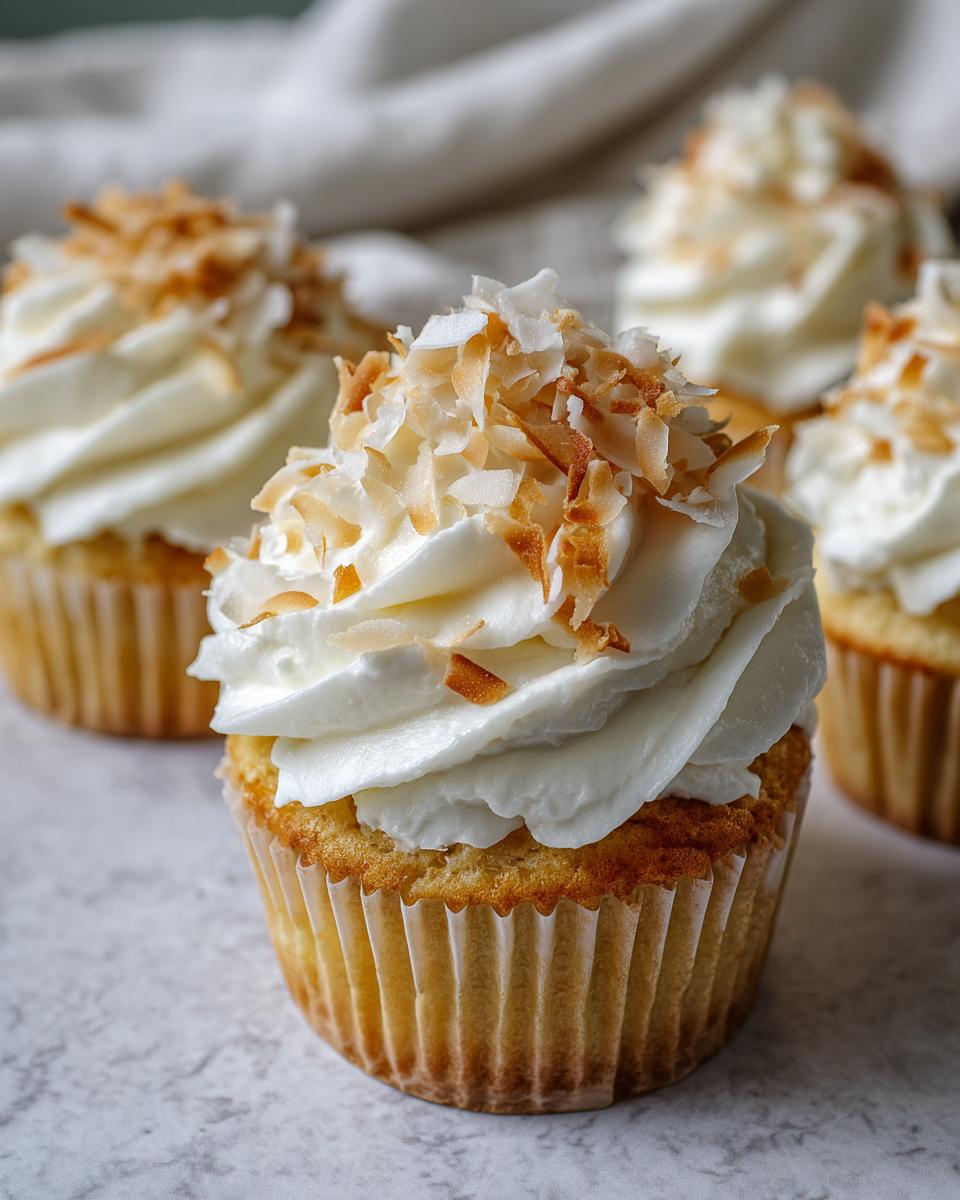 A close-up of one perfect coconut cupcake topped with white frosting and toasted coconut flakes.