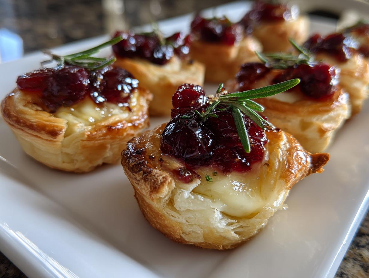 A close-up of baked cranberry brie bites made with flaky pastry, melted brie, and topped with cranberry sauce and rosemary.