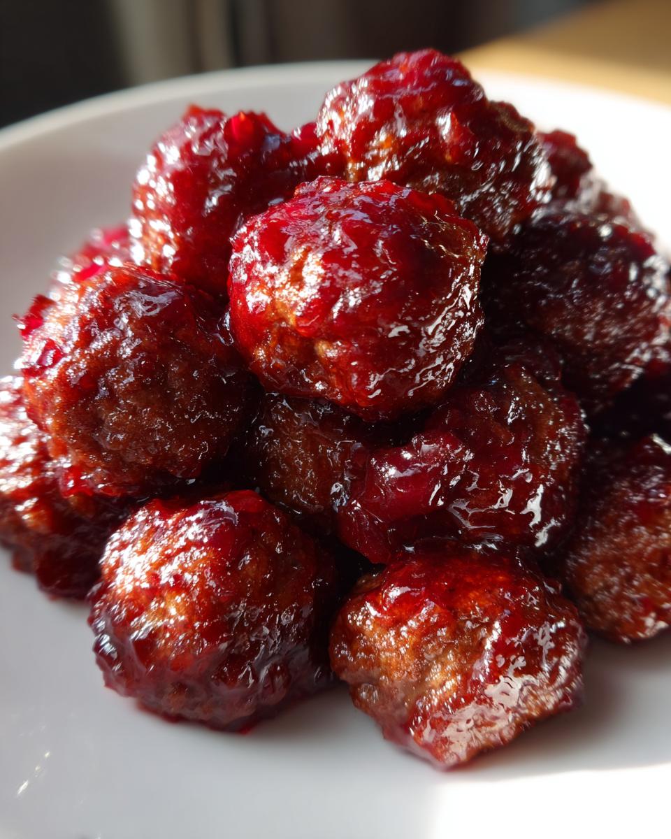 A close-up shot of a pile of glistening cranberry meatballs coated in a thick, dark red, sweet glaze.