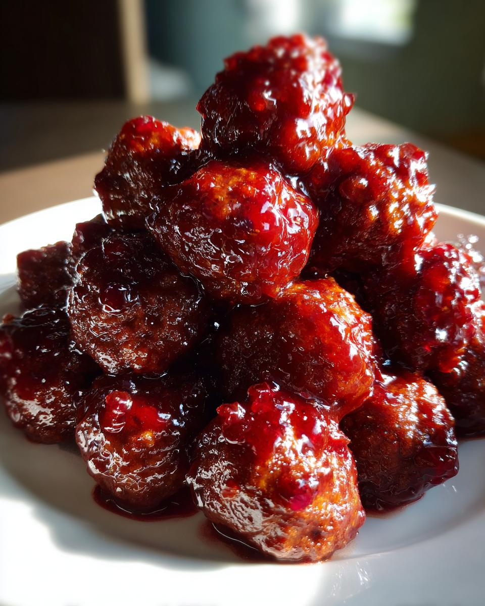 A close-up, appetizing stack of glistening cranberry meatballs coated in a thick, dark red cranberry sauce.