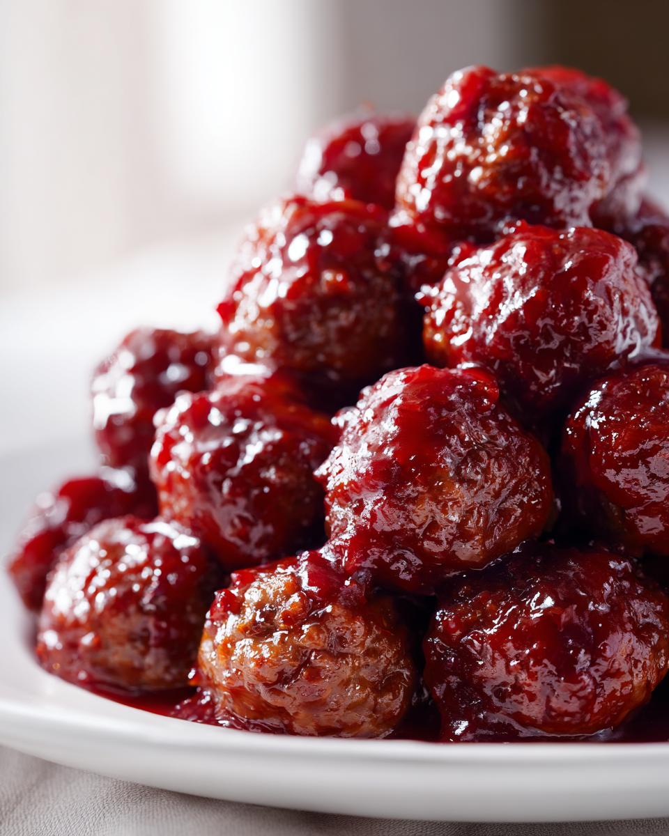 A close-up, appetizing shot of a pile of glistening cranberry meatballs coated in a thick, dark red sauce.
