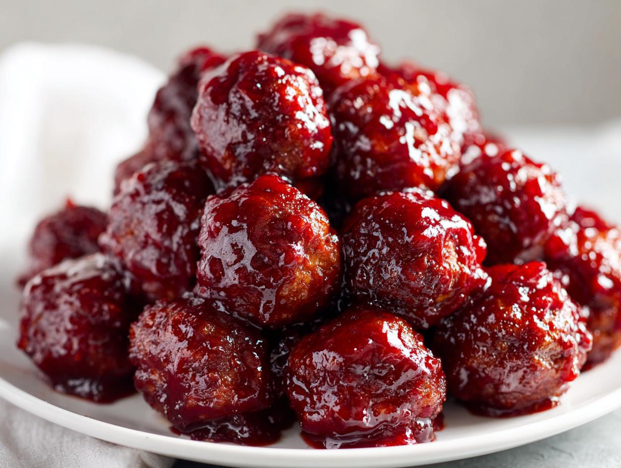 A close-up pile of juicy cranberry meatballs coated in a thick, glossy, dark red cranberry sauce.