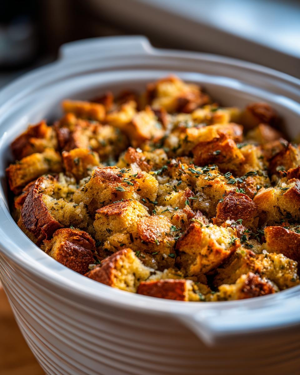 Close-up of golden brown bread cubes in a white crock pot stuffing dish, topped with herbs.