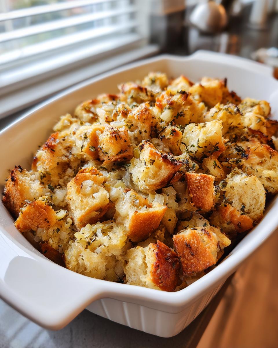 Close-up of golden brown, herbed crock pot stuffing cubes in a white baking dish.