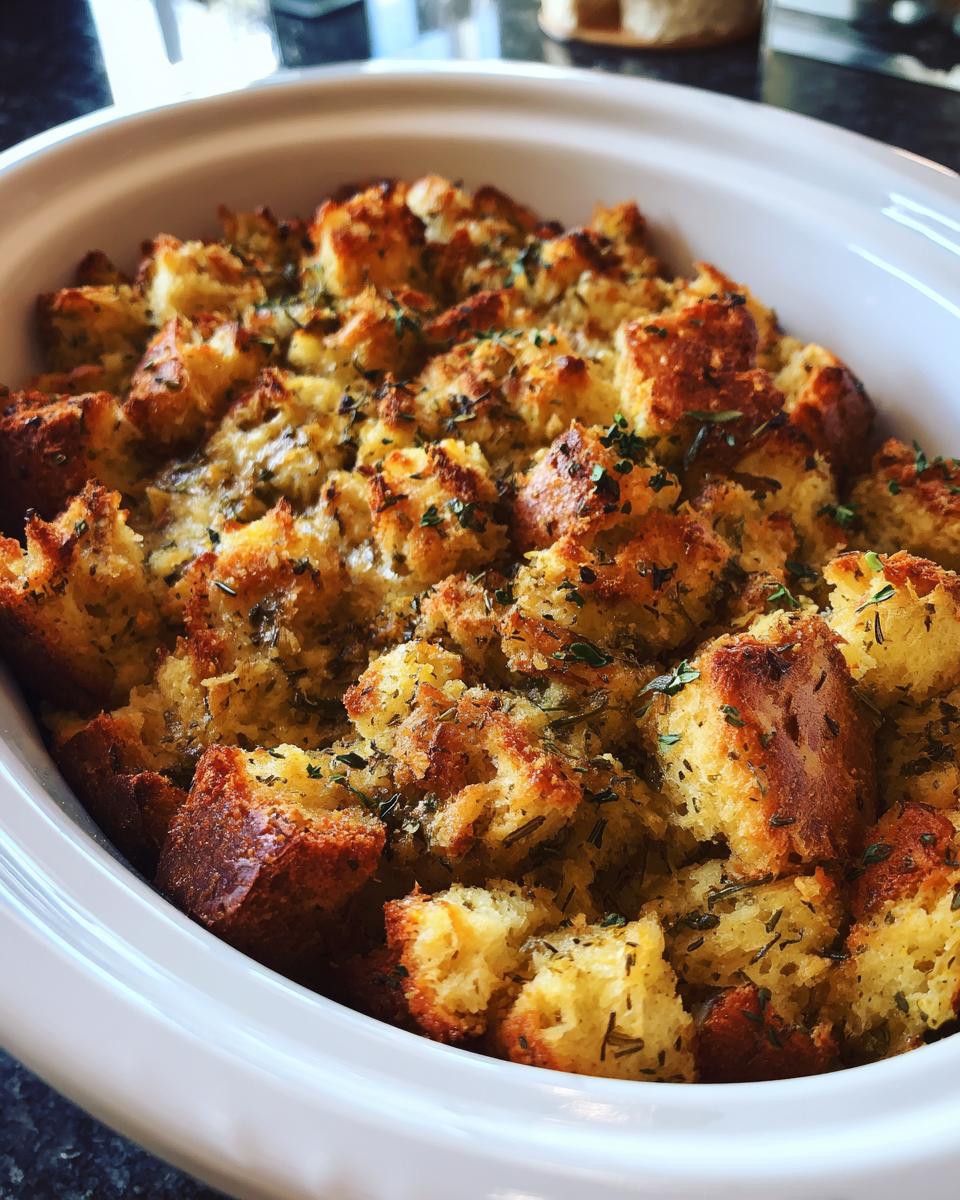 Close-up of golden brown, herb-topped bread cubes in a white crock pot stuffing dish.