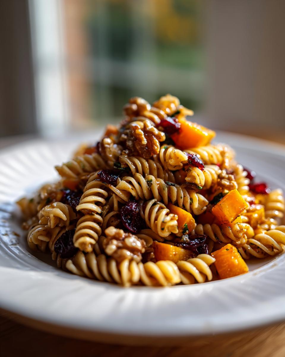 Close-up of a serving of fall pasta salad featuring fusilli pasta, roasted butternut squash, walnuts, and dried cranberries.