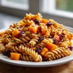 A close-up serving of amazing fall pasta salad featuring fusilli pasta, roasted butternut squash cubes, walnuts, and dried cranberries.