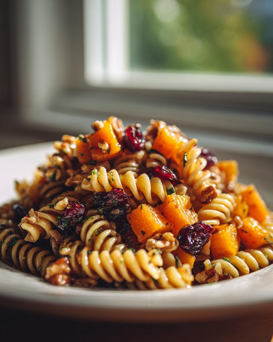 Close-up of a serving of amazing fall pasta salad featuring fusilli pasta, roasted butternut squash cubes, dried cranberries, and walnuts.