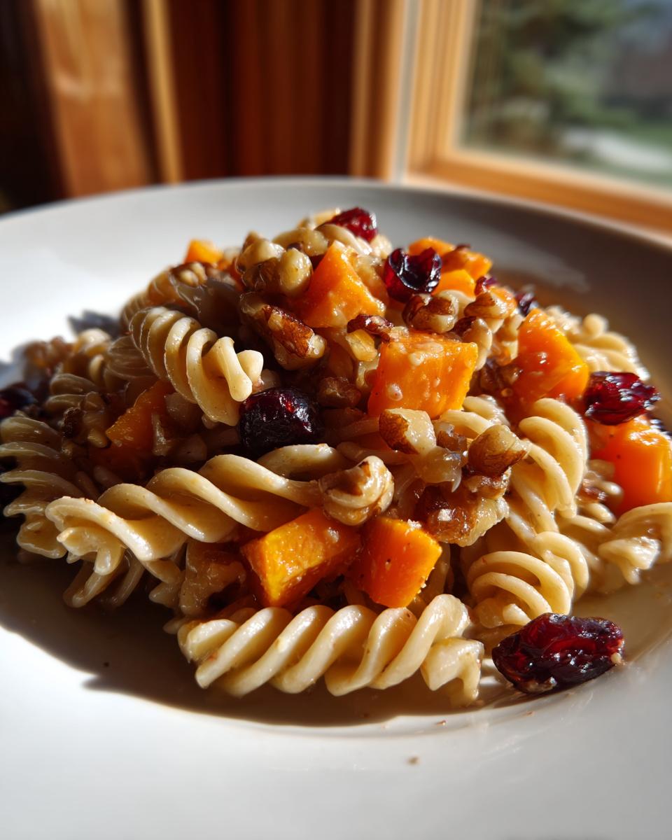 Close-up of a serving of amazing fall pasta salad featuring fusilli pasta, diced orange squash, walnuts, and dried cranberries.