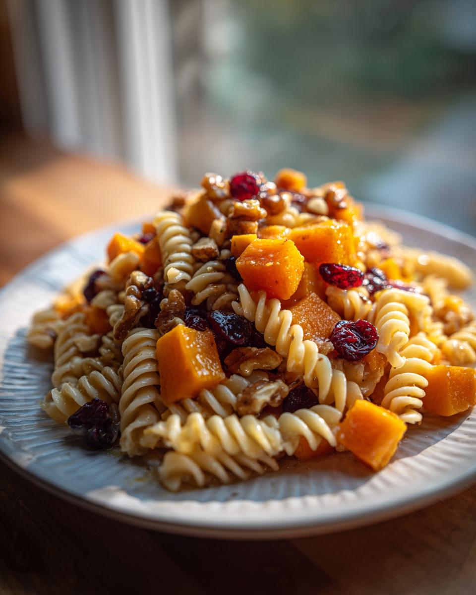 Close-up of a serving of amazing fall pasta salad featuring fusilli pasta, roasted butternut squash cubes, walnuts, and dried cranberries.