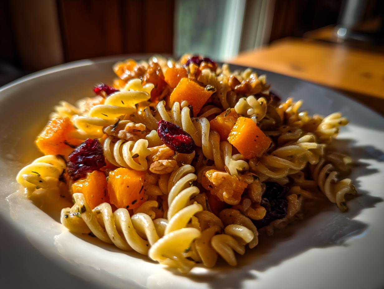 Close-up of a serving of fall pasta salad featuring fusilli pasta, roasted orange squash cubes, walnuts, and dried cranberries.