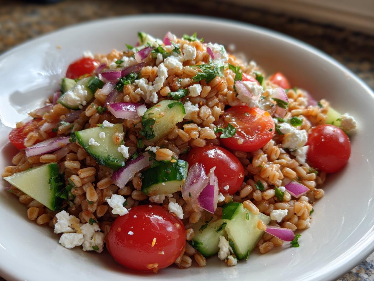 A close-up shot of a vibrant farro salad mixed with cherry tomatoes, cucumber chunks, red onion, and crumbled feta cheese.