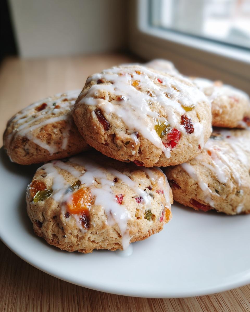 A stack of freshly baked fruitcake cookies topped with white vanilla glaze, featuring colorful candied fruit pieces.