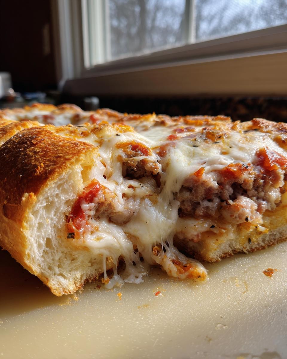 Close-up of a slice of hot garbage bread showing melted, stretching mozzarella cheese over sausage and tomato sauce.