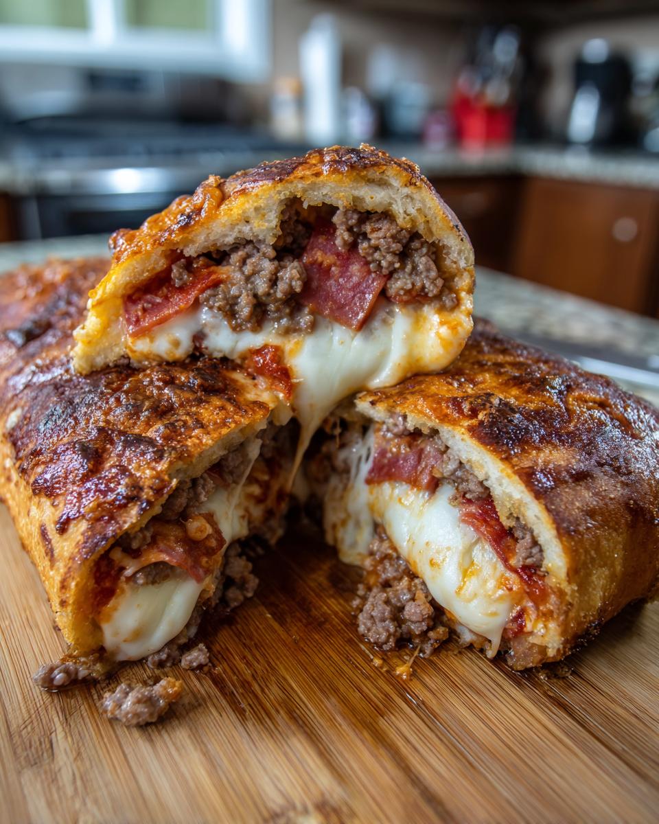 A cross-section view of baked garbage bread showing melted mozzarella cheese, ground beef, and pepperoni filling.