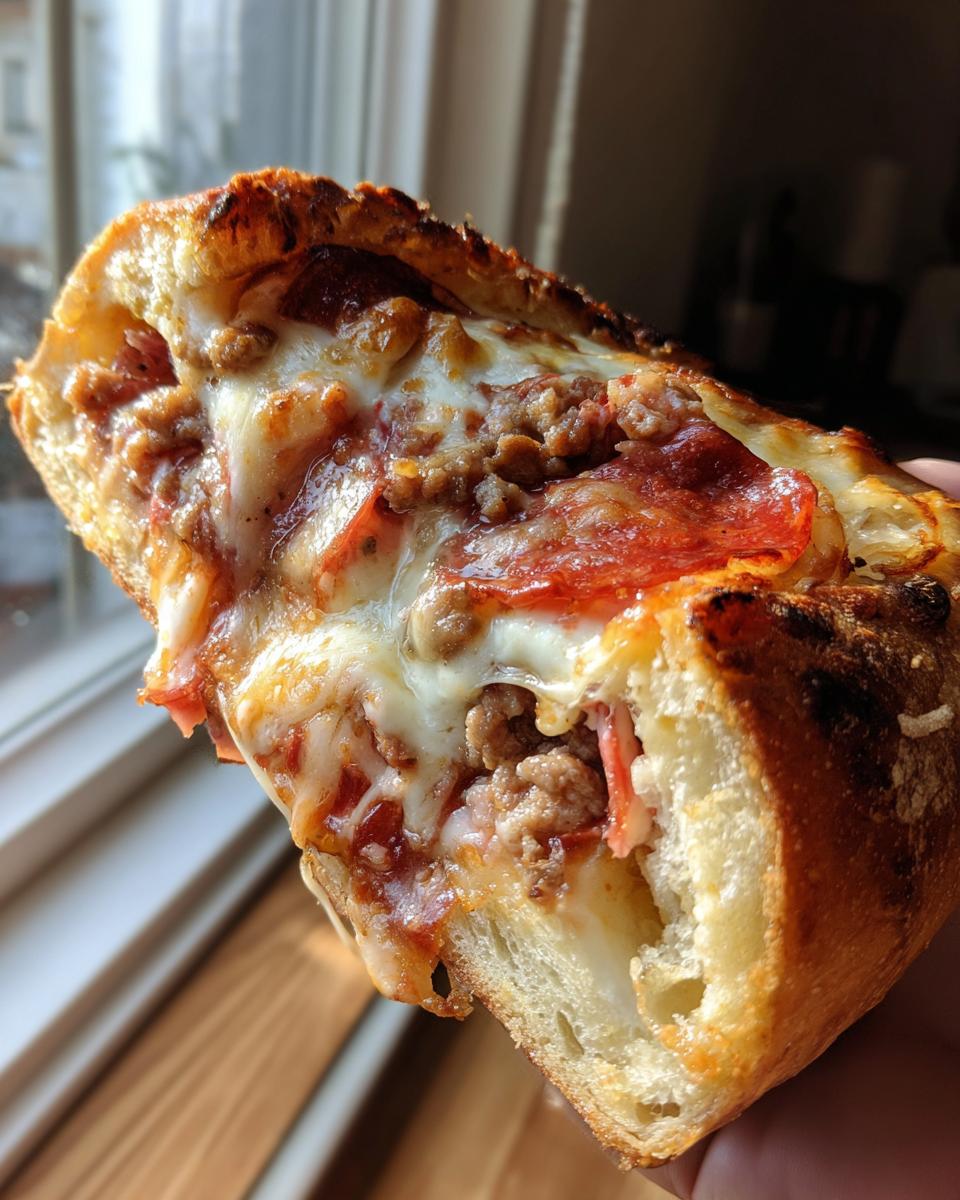 Close-up of a cross-section of loaded garbage bread showing melted cheese, pepperoni, and sausage filling.