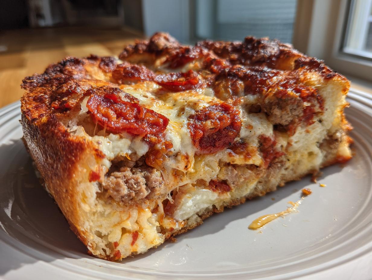 A thick, deep-dish slice of garbage bread loaded with sausage, pepperoni, and melted cheese on a plate.