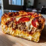 A thick, cross-section slice of amazing garbage bread loaded with ground meat, melted cheese, and pepperoni.