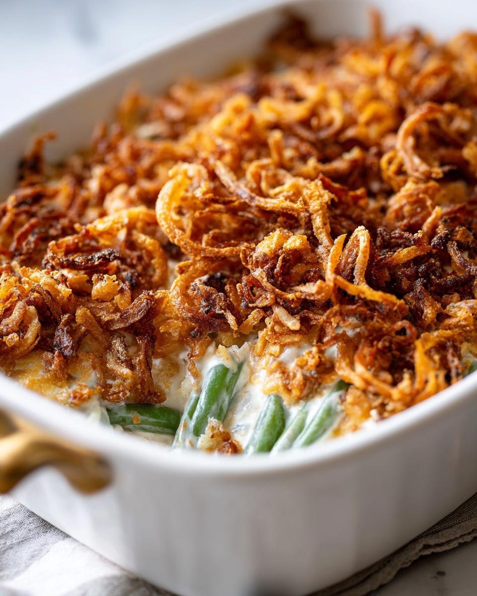 Close-up of creamy green bean casserole topped generously with crispy fried onions.