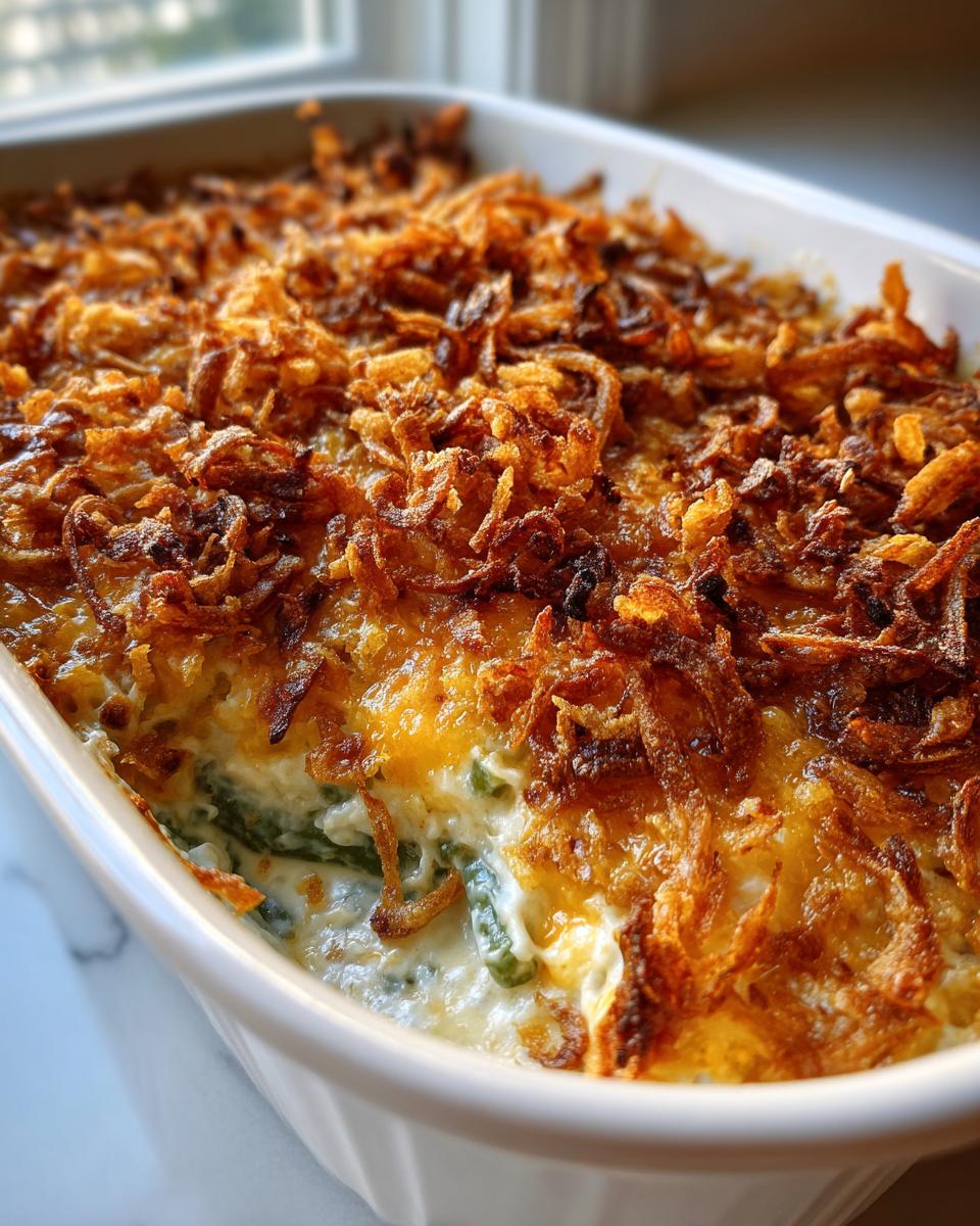 Close-up of a baked green bean casserole topped with melted cheese and crispy fried onions.