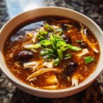 A close-up of a bowl of rich, dark hot and sour soup recipe garnished with sliced green onions.