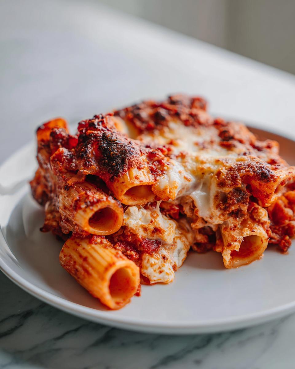 Close-up of a serving of baked rigatoni pasta bake with melted, slightly browned cheese and rich tomato sauce.