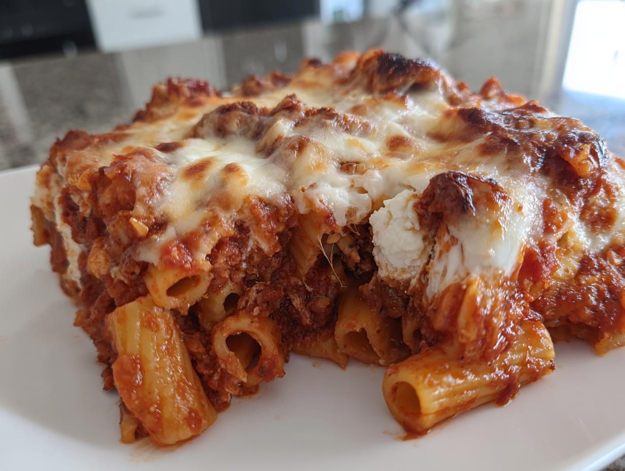 Close-up of a hearty slice of pasta bake featuring rigatoni tubes, rich meat sauce, and a bubbly, melted mozzarella and ricotta cheese topping.