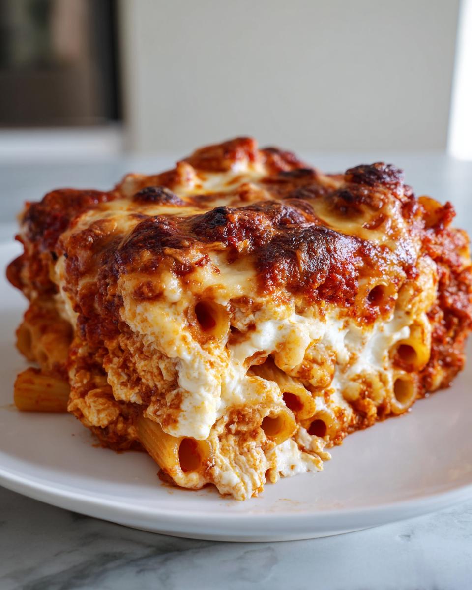 Close-up of a hearty slice of baked ziti pasta bake with rich tomato sauce and melted cheese.