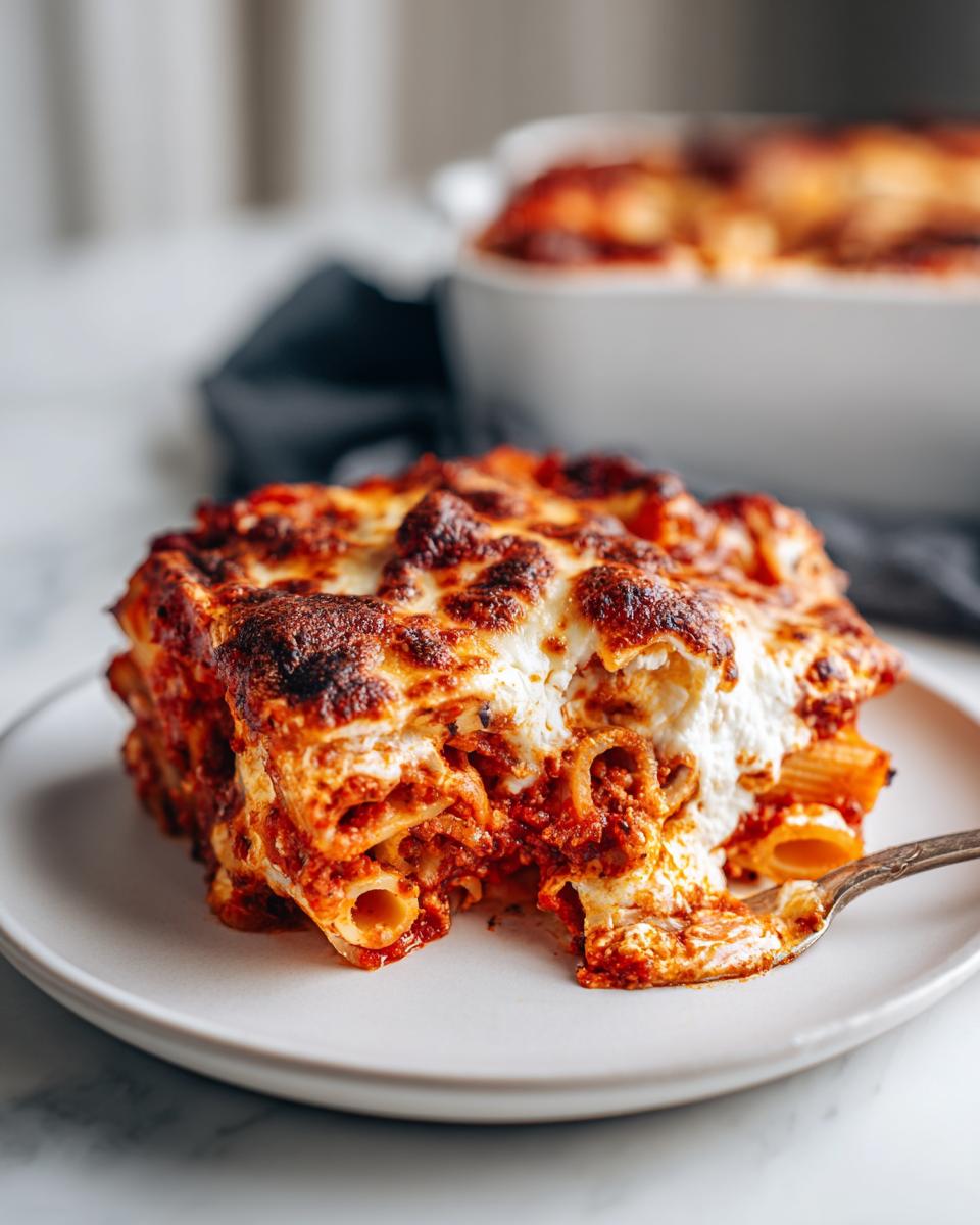 A generous serving of cheesy, baked pasta bake with a browned, bubbly cheese topping on a white plate.