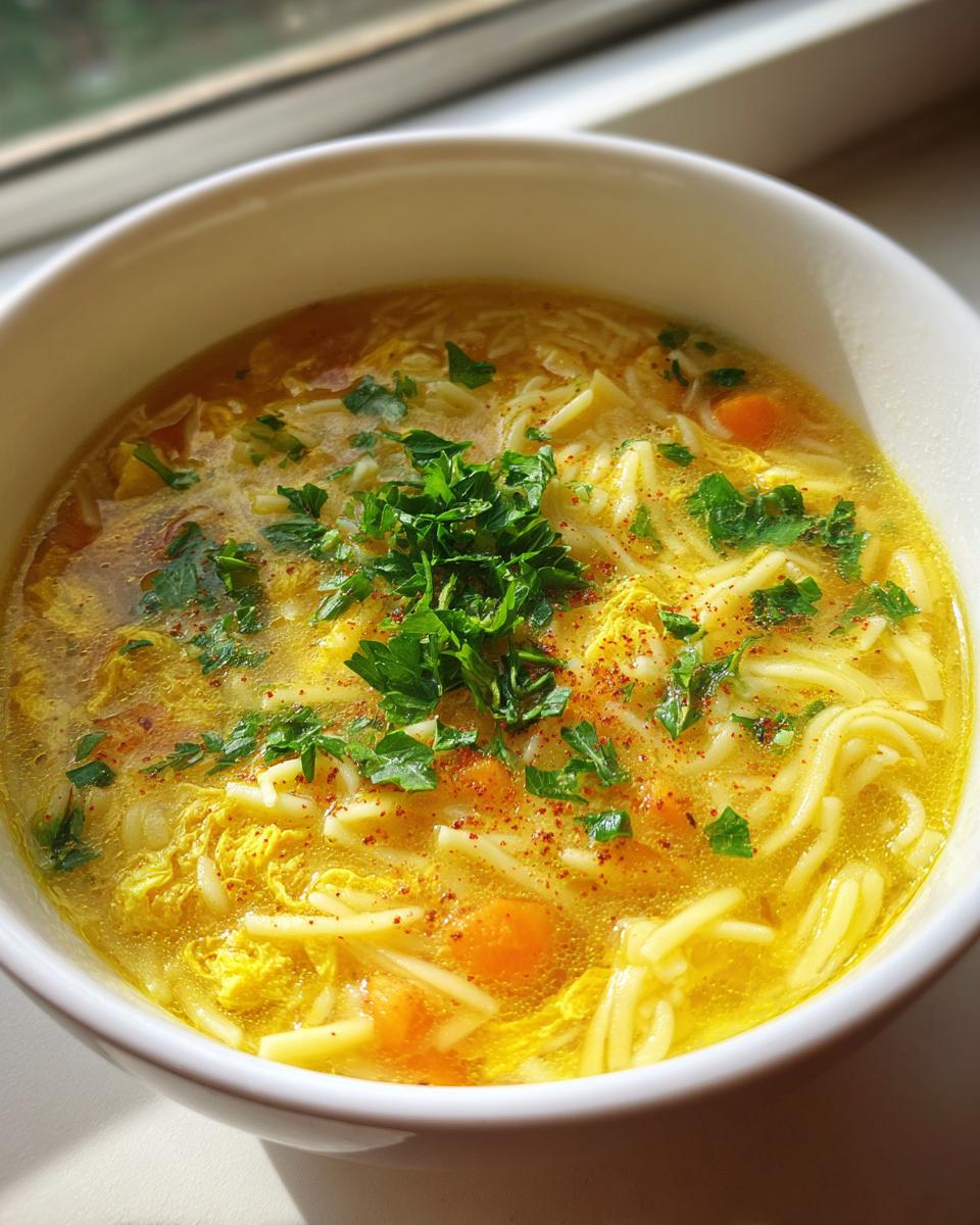Close-up of a white bowl filled with bright yellow pastina soup, featuring small noodles, egg ribbons, and fresh parsley.