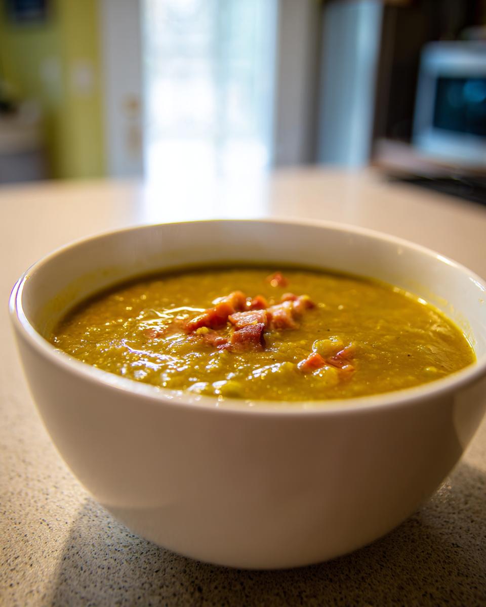 Close-up of a white bowl filled with thick, green pea soup, garnished with crispy bacon pieces.