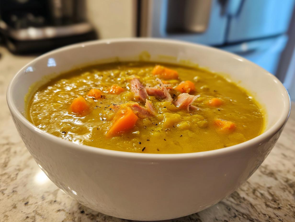 Close-up of a thick, yellow-green pea soup topped with diced ham, carrots, and black pepper in a white bowl.
