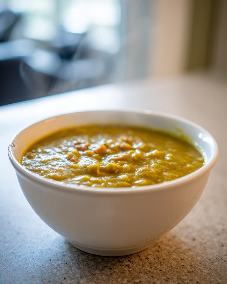 A close-up of a white bowl filled with thick, steaming, green pea soup on a speckled countertop.