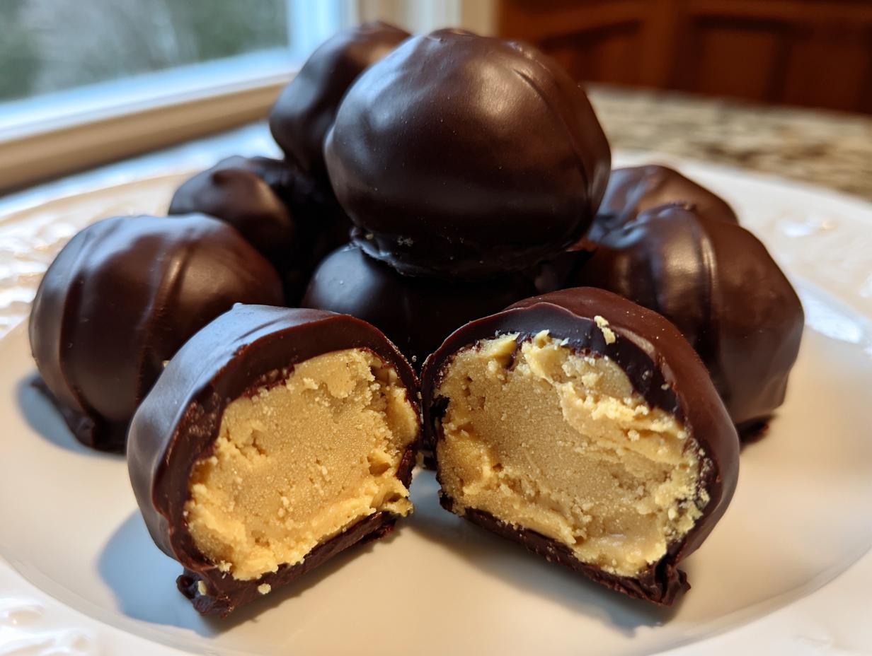 A stack of chocolate-covered peanut butter balls, with one cut in half showing the creamy interior.
