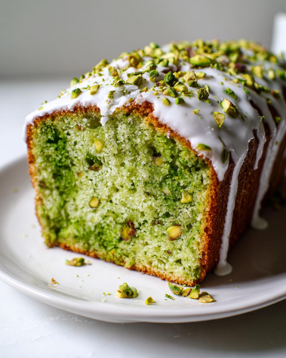 Close-up of a slice of moist pistachio bread, featuring a bright green interior, white glaze drizzle, and chopped pistachio topping.
