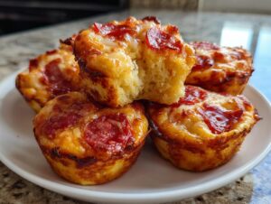 A stack of golden brown, cheesy pepperoni pizza muffins on a white plate, one broken open.