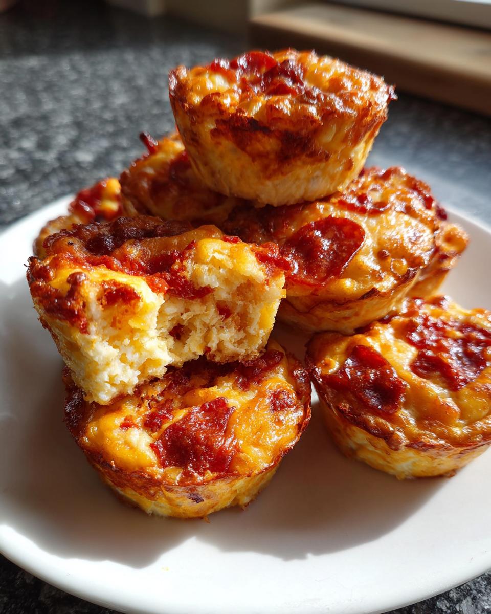 A stack of freshly baked, golden brown Pizza Muffins on a white plate, with one muffin broken open to show the fluffy interior.