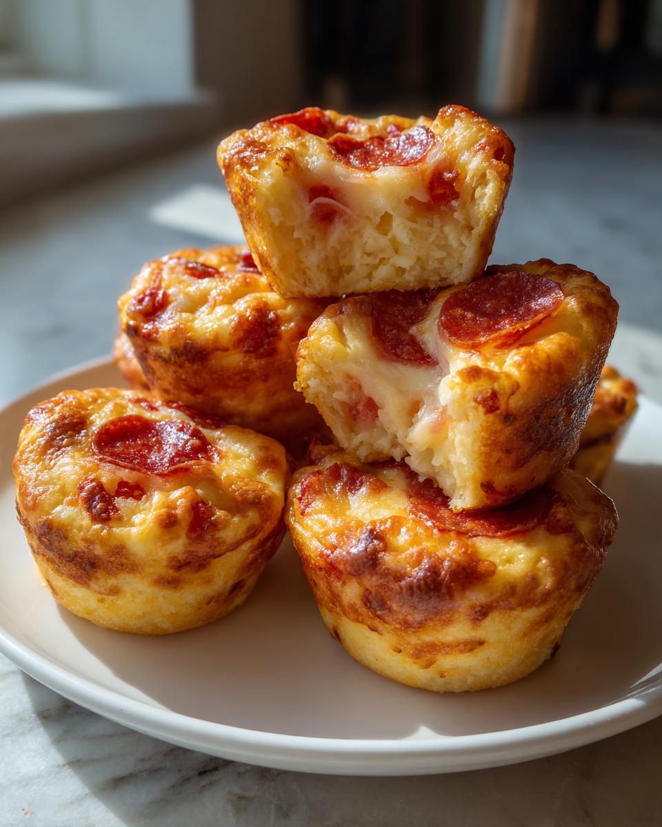 A stack of golden brown pizza muffins topped with pepperoni and melted cheese, one is broken open.