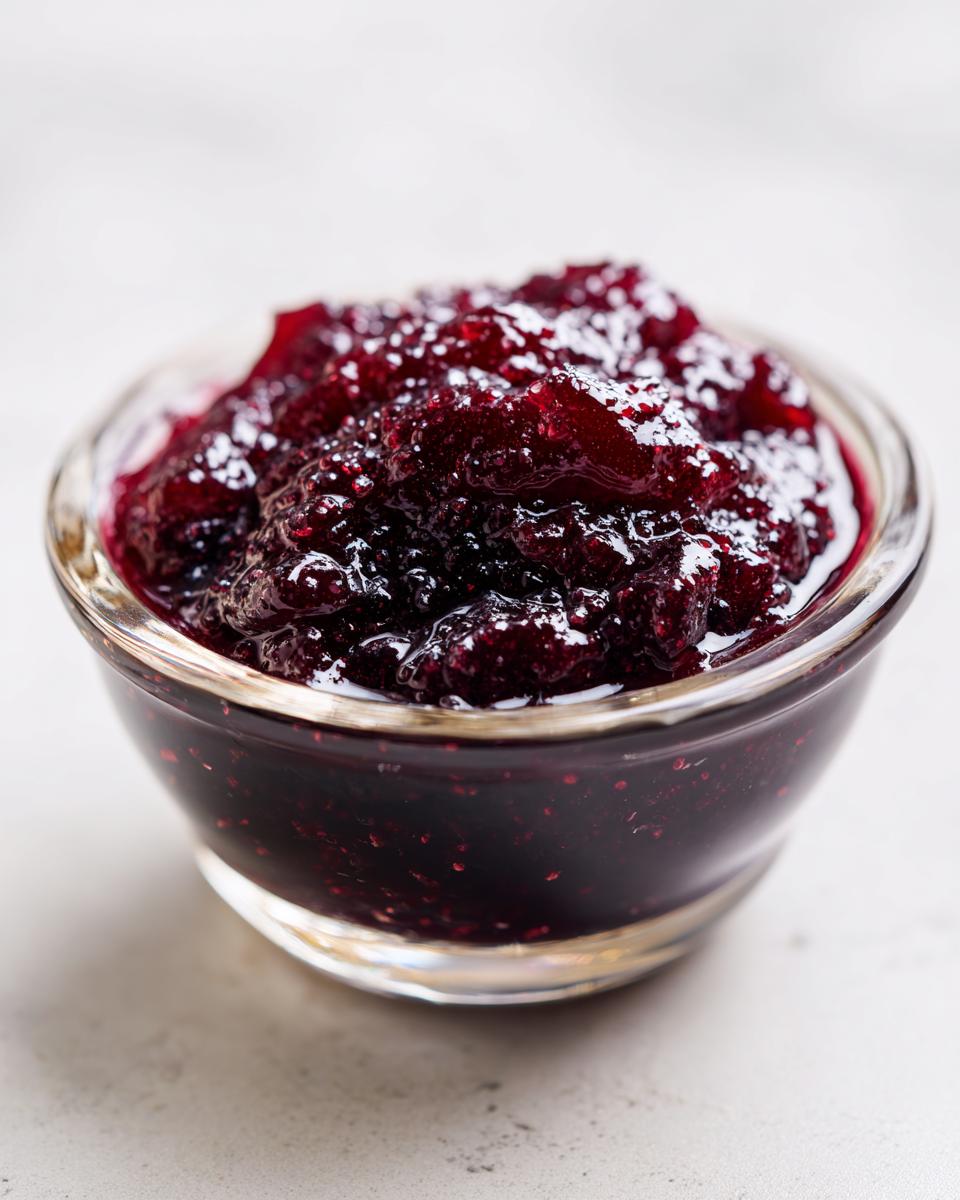 Close-up of thick, dark purple plum jam with visible fruit pieces served in a small clear glass bowl.