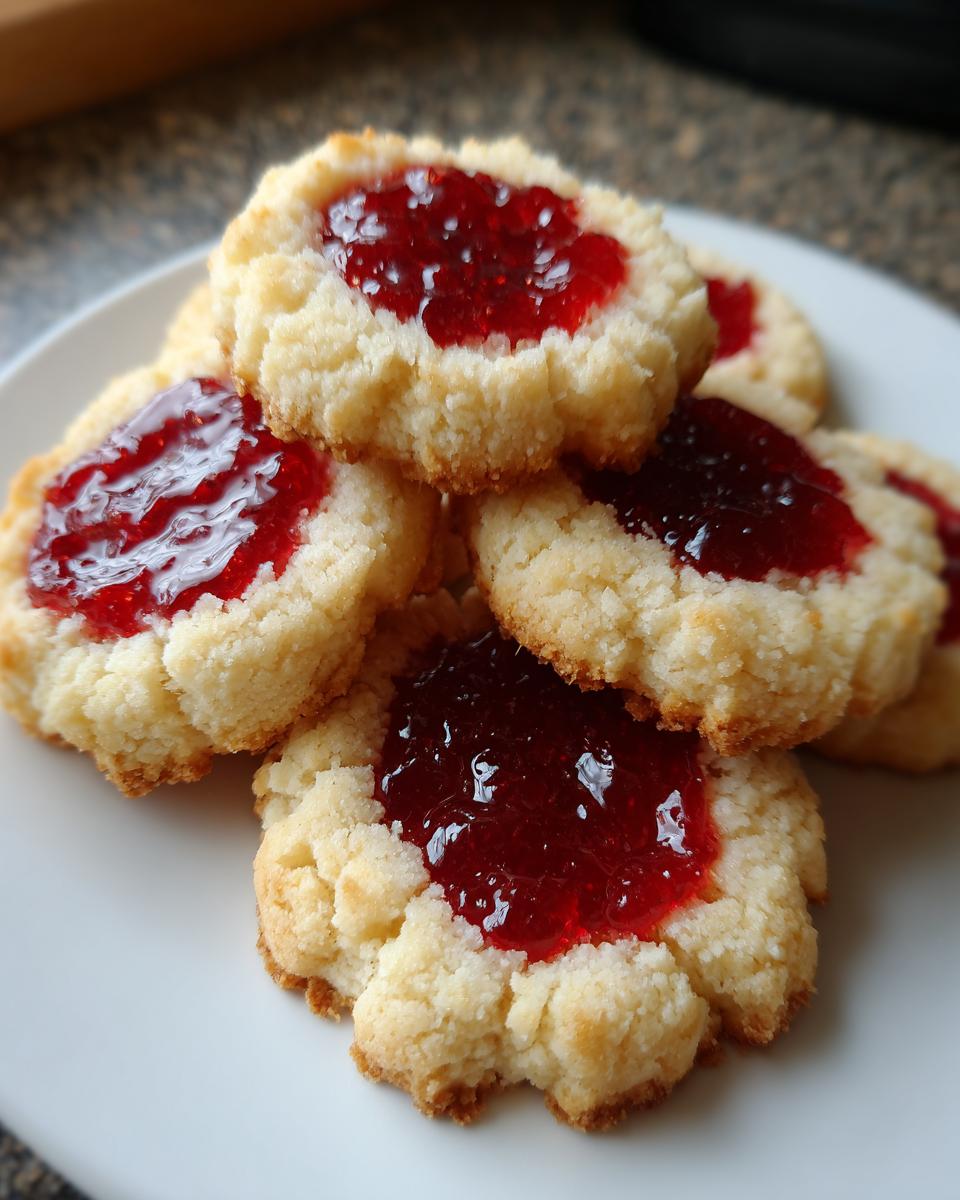 Close-up of several golden raspberry thumbprint cookies with bright red jam centers stacked on a white plate.