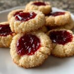 A stack of buttery, sugar-coated raspberry thumbprint cookies filled with bright red jam.