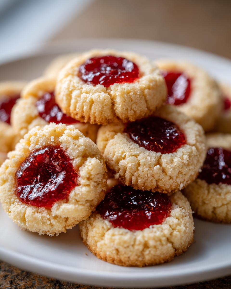 A stack of buttery raspberry thumbprint cookies with bright red jam centers piled on a white plate.
