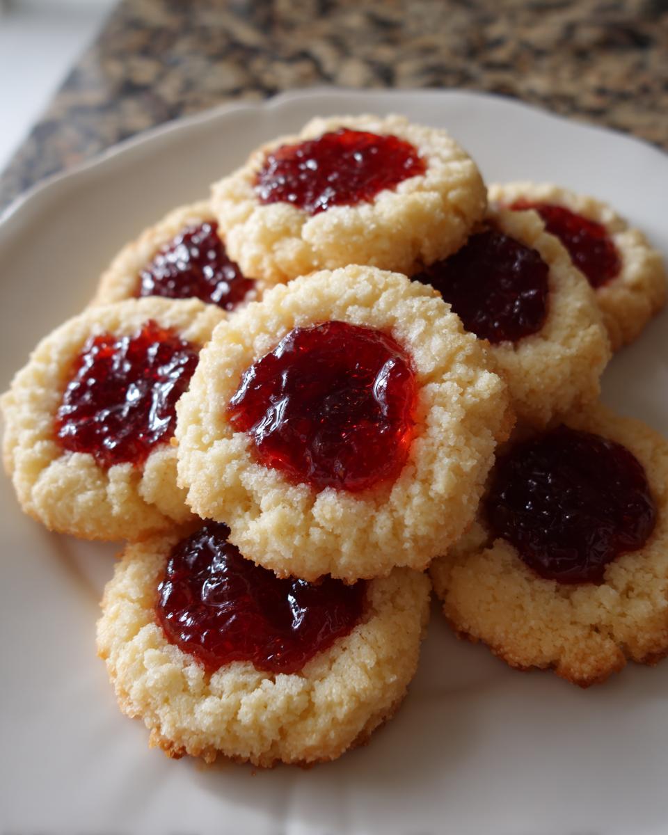 A close-up of several golden raspberry thumbprint cookies filled with bright red jam, stacked on a white plate.