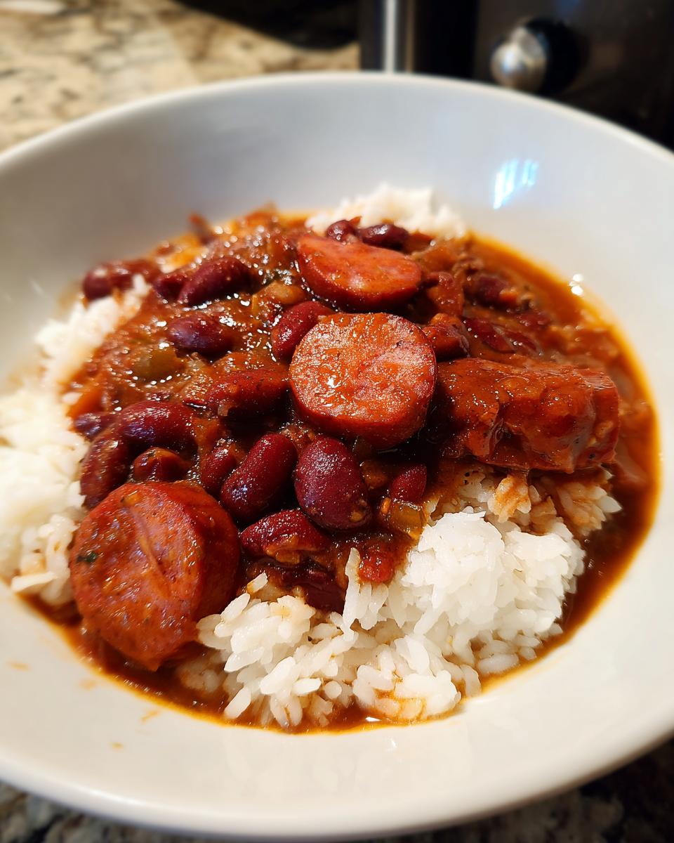A close-up bowl of rich, savory red beans and rice topped with slices of smoked sausage.