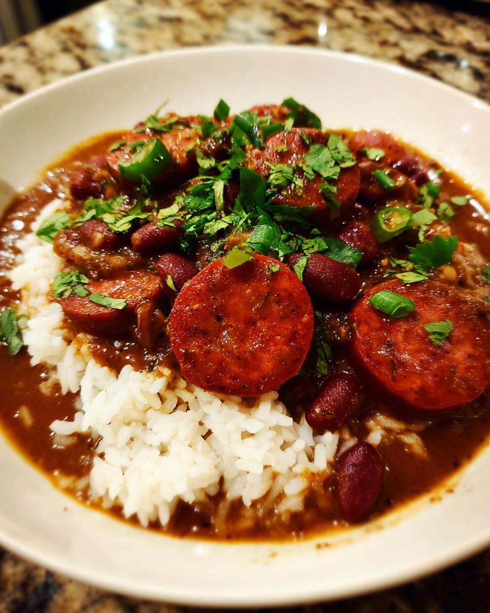 A close-up of a bowl featuring white rice topped with rich red beans and rice stew, sliced smoked sausage, and fresh green herbs.