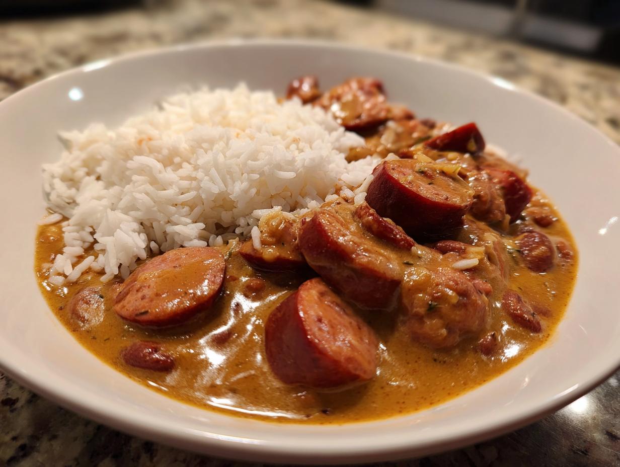 Close-up of a white bowl filled with creamy red beans and rice, featuring thick slices of smoked sausage.