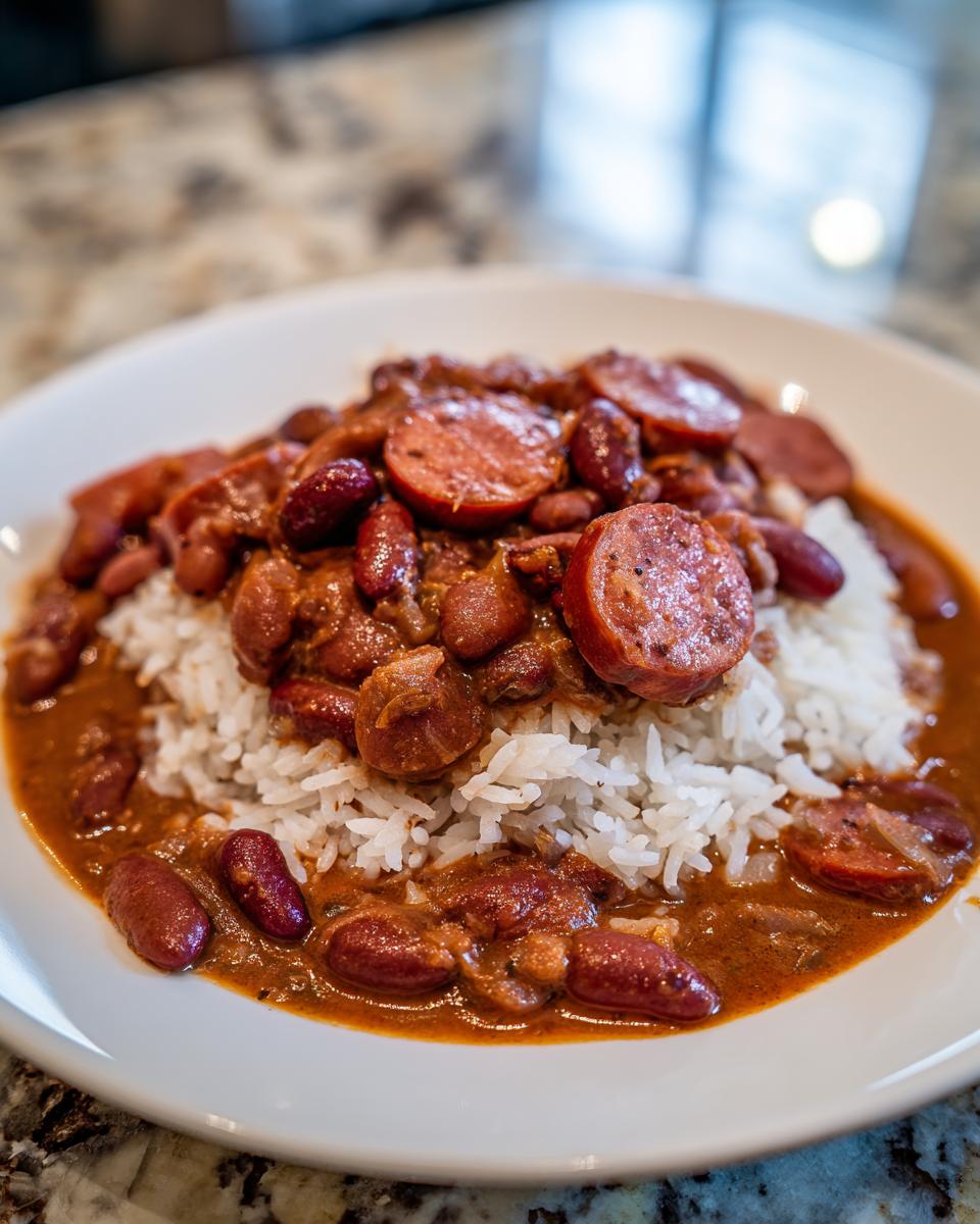 A close-up of a serving of amazing red beans and rice topped with thick slices of smoked sausage on a white plate.