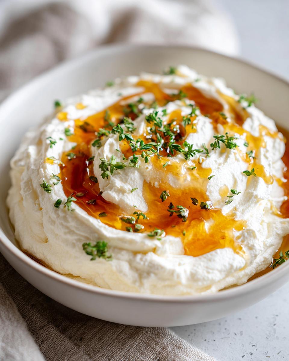 A close-up of a bowl of creamy ricotta dip topped with golden honey drizzle and fresh thyme leaves.