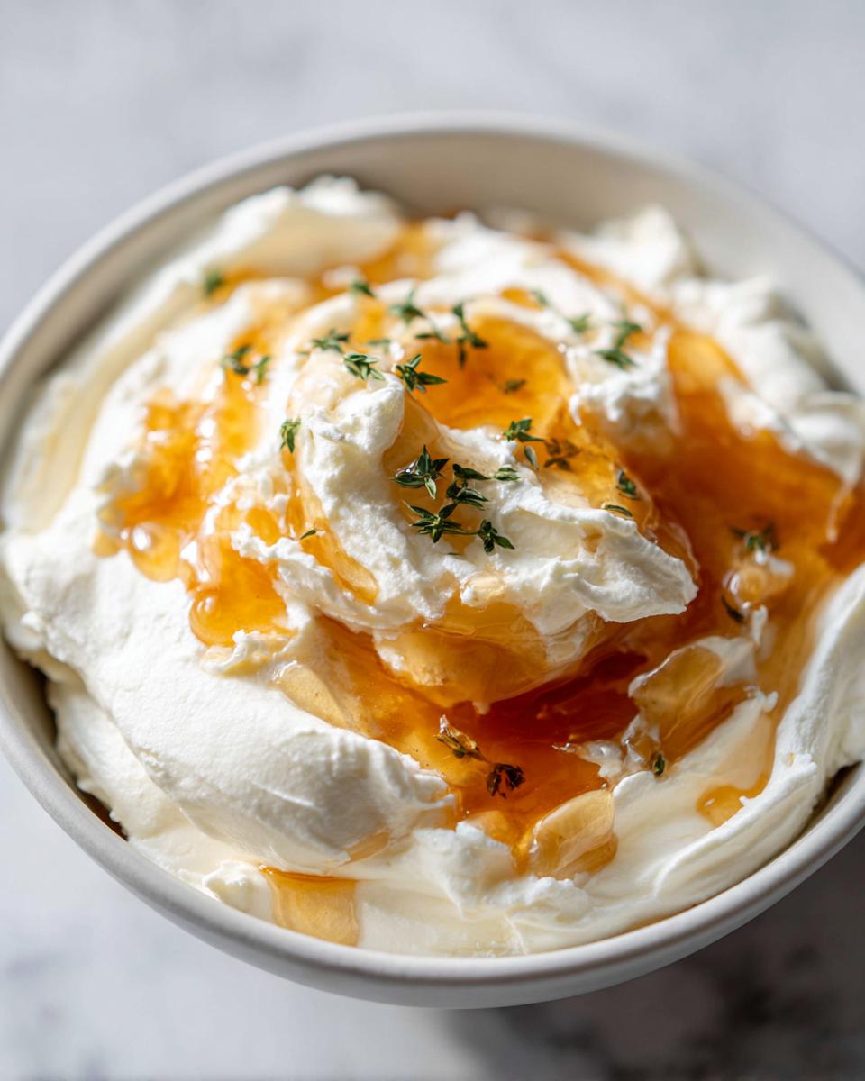 Close-up of creamy ricotta dip swirled with golden honey and garnished with fresh thyme sprigs.