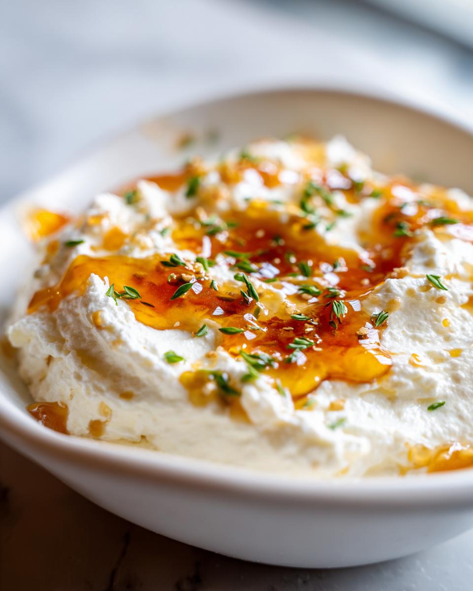 Close-up of a creamy white ricotta dip drizzled with golden honey and fresh thyme.